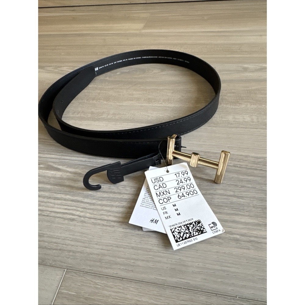 H&M Black Slim Faux Leather Belt With Gold Buckle - Women's Size Medium NWT